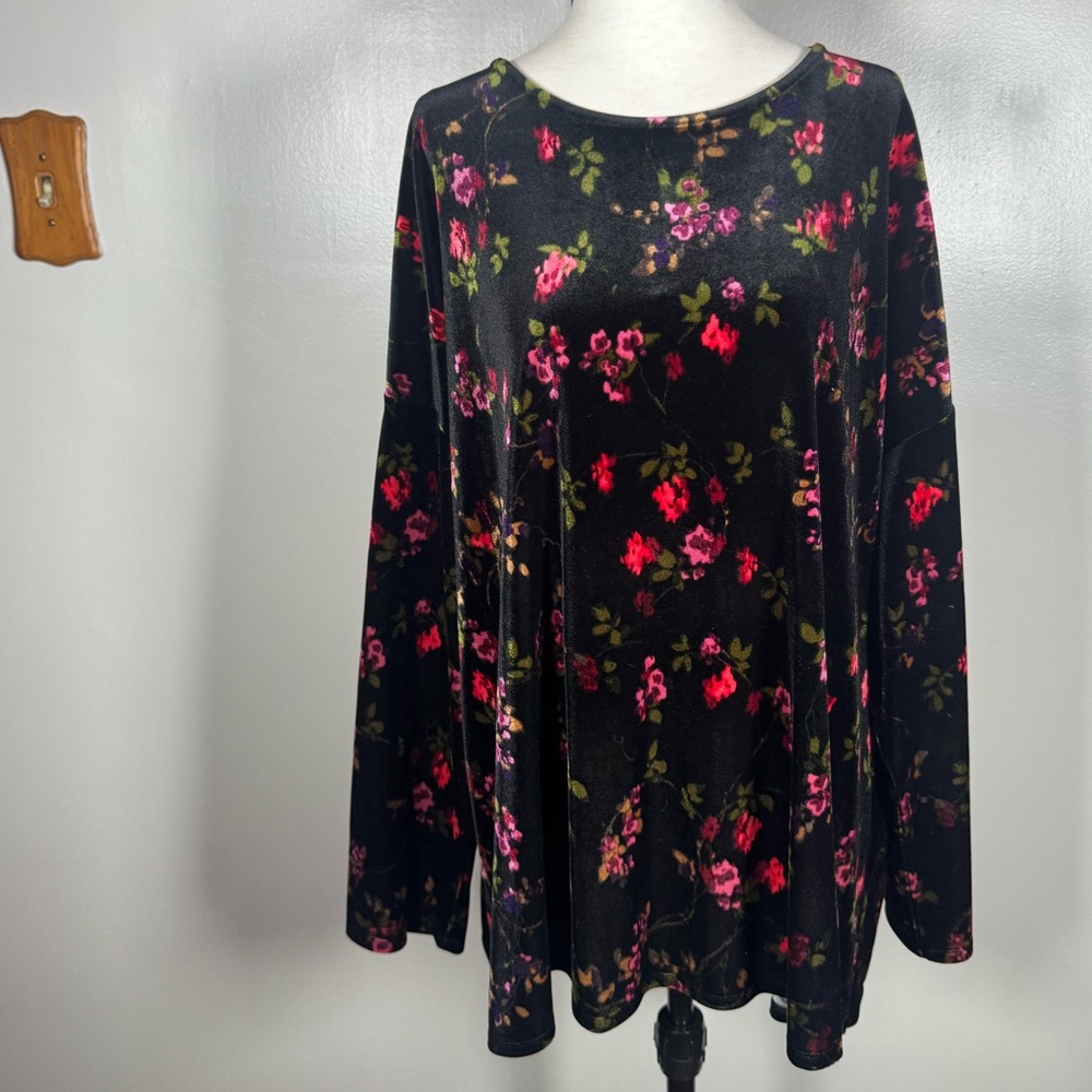 J. Jill Plus Size 3X Black Floral Velvet Velour 3/4 Sleeve Crew Neck Popover Top